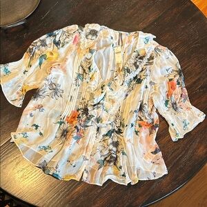 Anthropologie Floral Ruffle Blouse - White and Multicolor